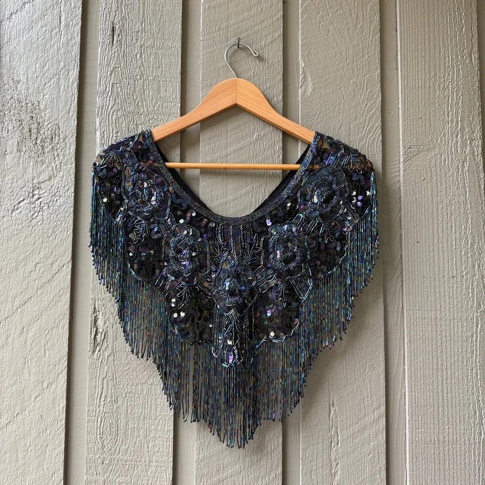 Vintage Beaded Fringe Capelet Shawl Womens Iridescent Floral One Size Black
